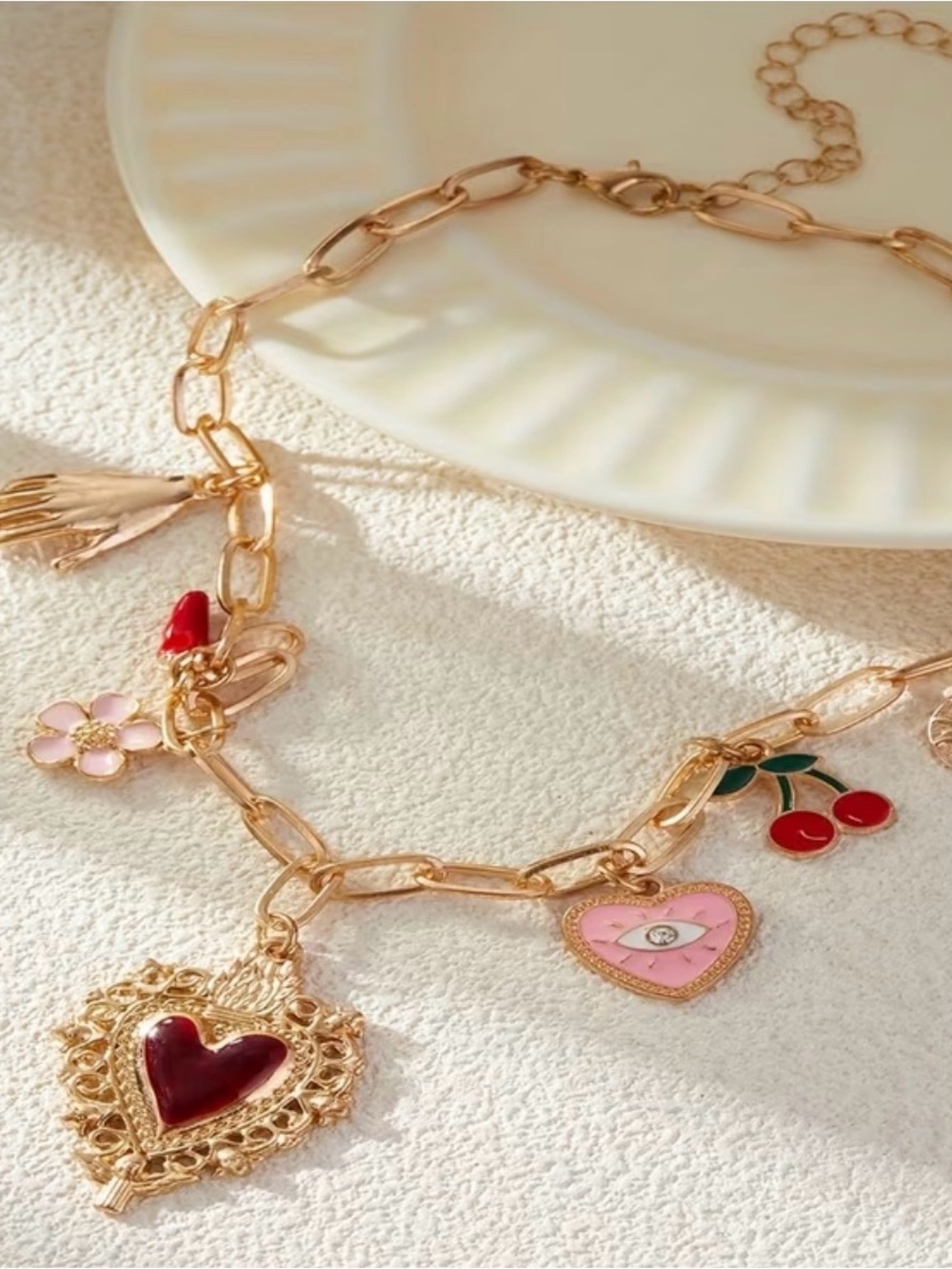 Gold Charm Necklace with Red Heart Pendant